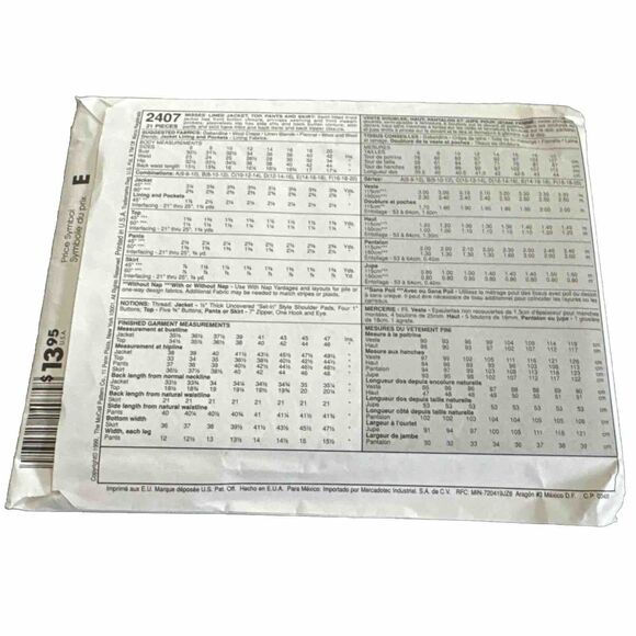 McCalls 2407 Womens Sz 14-18 Lined Jacket Top Pants Skirt Sewing Pattern UNCUT - Picture 3 of 3